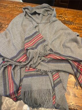 Gray Hooded Fringe Poncho with Red & Blue Stripes